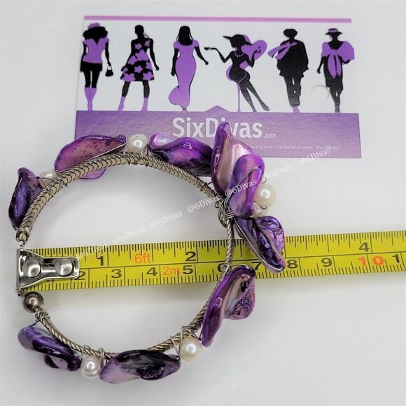 PURPLE Sea Shells and Pearls Floral Cuff Bracelet - Adjustable - Picture 7 of 9